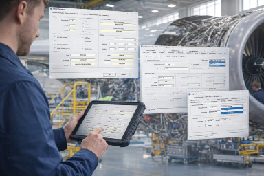 An aircraft engineer looks at an screen with data on it, the image has several screenshots superimposed over the image.