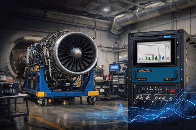 An aircraft engine with a measuring system in the foreground and a superimposed blue wave demonstrating data.