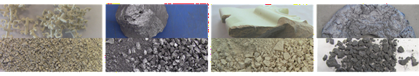 Pictures of samples ground with jaw crushers (before and after grinding) from left to right: ceramics, silicon, calcium silicate, sinter cake