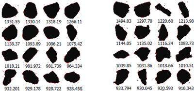 Oversized particles captured by the camera of the SYNC analyzer. Bauxite (left) and SiC (right). Particle size is below the images. Note that the largest particles are almost 1.5 mm