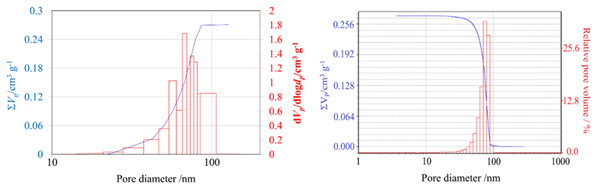 Pore size distribution calculation based on gas adsorption analysis (left) and mercury intrusion porosimetry (right).