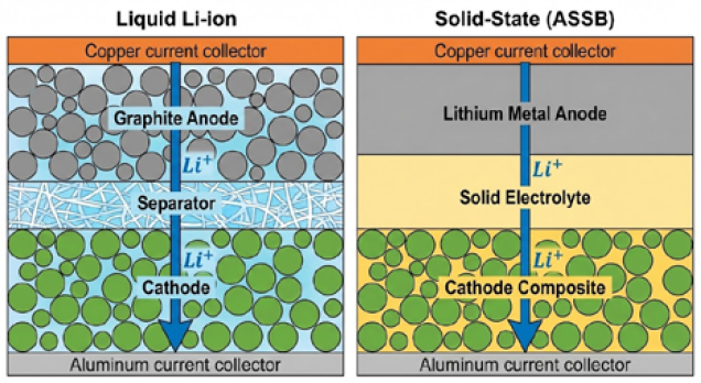 Conventional lithium-ion battery versus ASSB structure