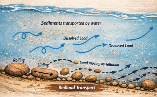 Schematic depiction of sediment transport modes in riverine or coastal settings