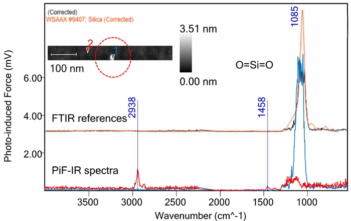 PiF-IR spectrum from a 3 nm particle on a silicon surface, identified as silica by searching the Wiley KnowItAll IR library. Inset: AFM topography of the particle (red dashed circle)