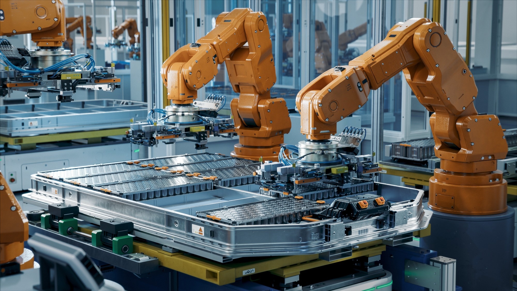 An illustration of a battery manufacturing line
