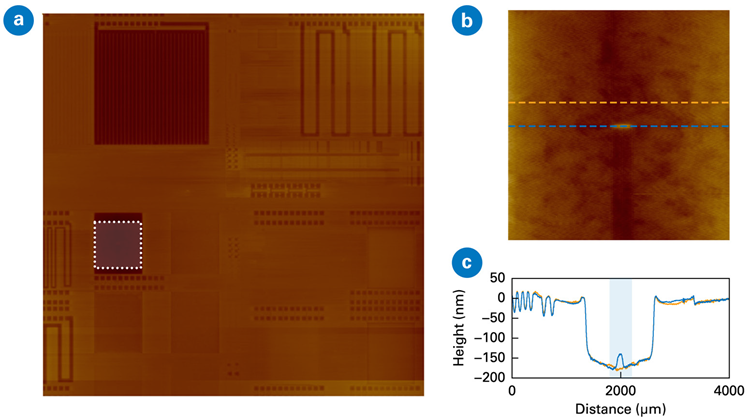 (a) 10 x 10 mm Hypermap with 1 x 1 μm pixel size, and (b) 1.2 x 1.2 mm digital zoom around the hotspot location located in the lowest part of the large scan. (c) A section profile through the hotspot is compared to a section profile taken from an adjacent location.