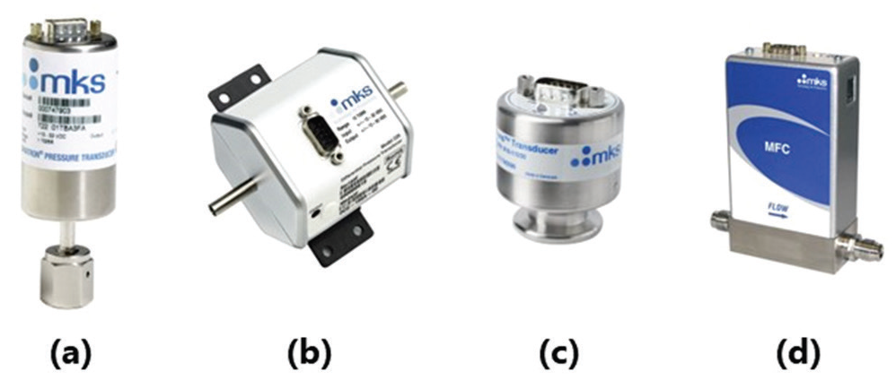 MKS Instruments gas pressure sensing and flow control components: (a) Baratron capacitance manometer; (b) Baratron differential pressure sensor; (c) MicroPirani pressure transducer; (d) MKS G-Series mass flow controller.