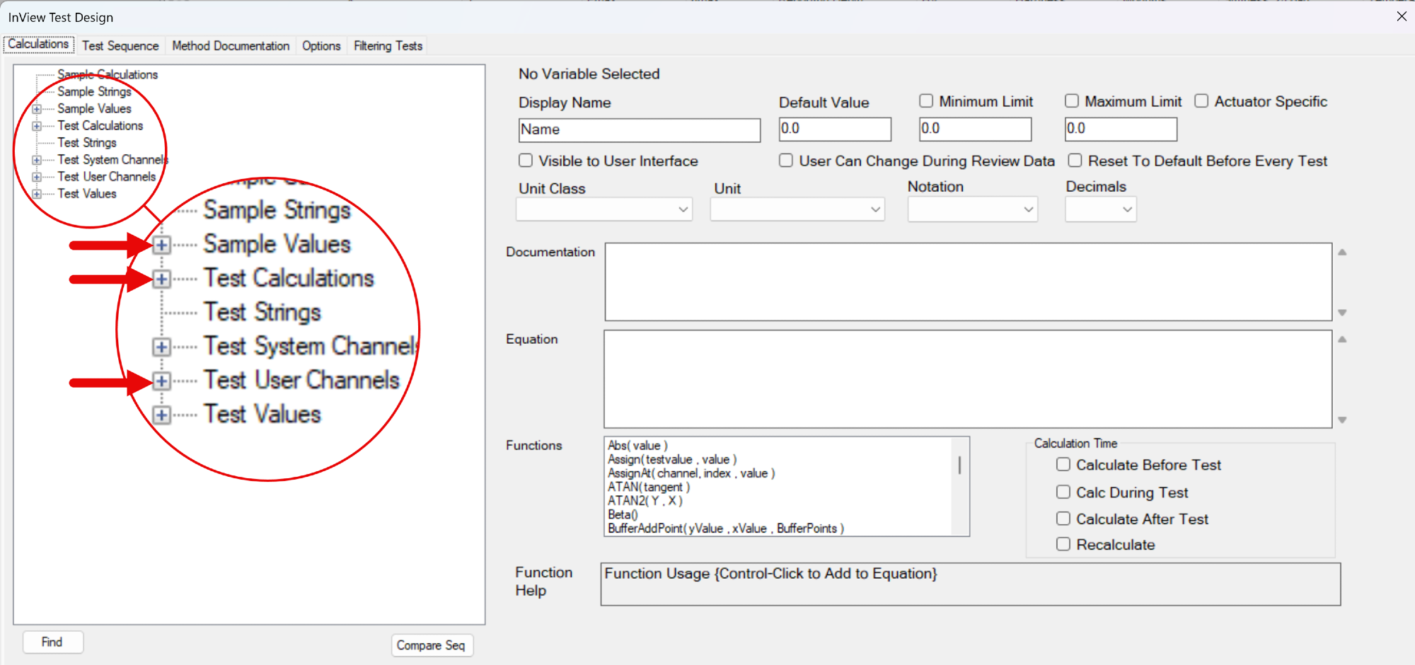 InView Method Editor interface highlighting the principal components used to construct the custom experiment. Sample inputs, derived calculations, and user-defined channels collectively define the measurement and analysis workflow