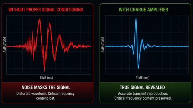 Two graphs showing the different results gained with and without a charge amplifier: without proper signal conditioning, noise masks the true signal.