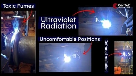 Some of the potential complications of welding: UV radiation; toxic fumes; infrared radiation; uncomfortable positioning