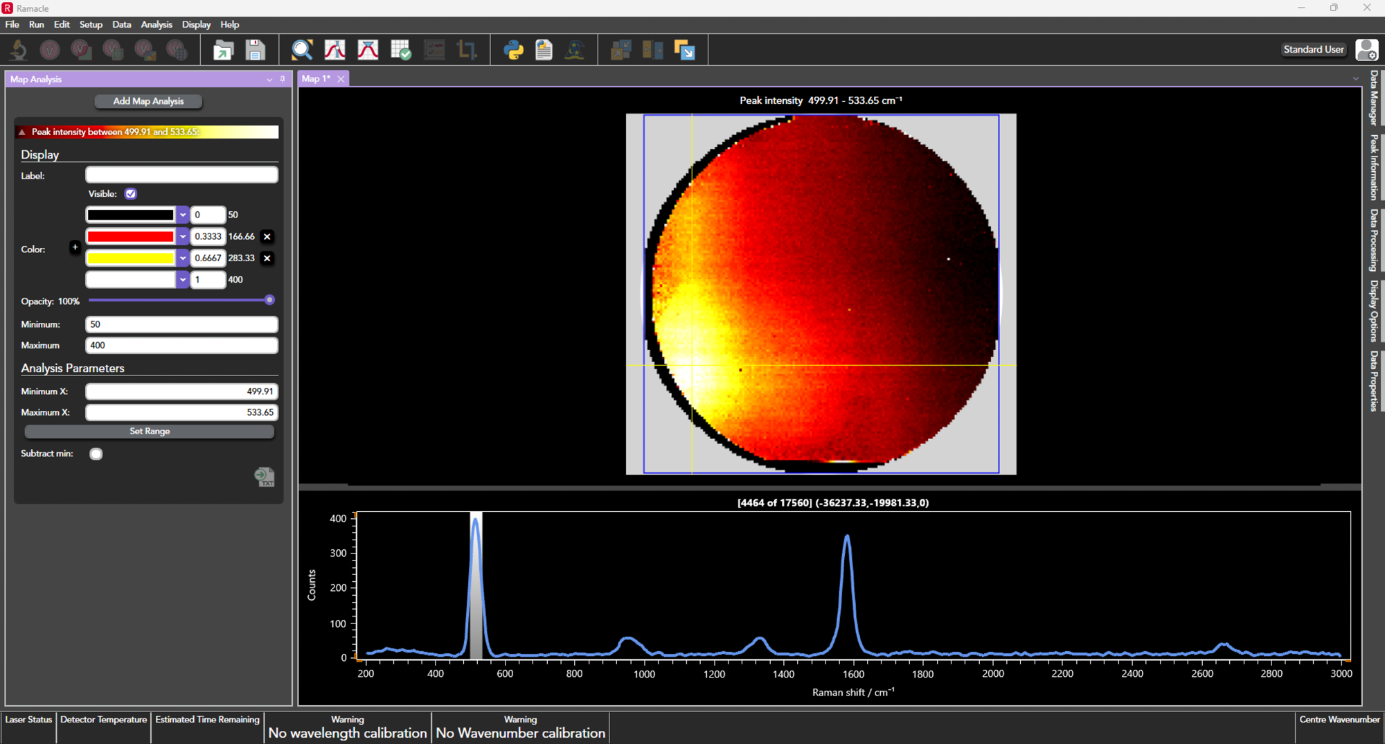 Raman intensity map of the 520 cm-1 phonon mode acquired from a four inch carbon nanotube/silicon wafer in WaferMAP