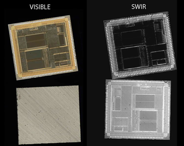 Visible-light imaging (left) shows only the top metallization and packaging surface, while SWIR imaging (right) resolves internal die circuitry through the package and substrate