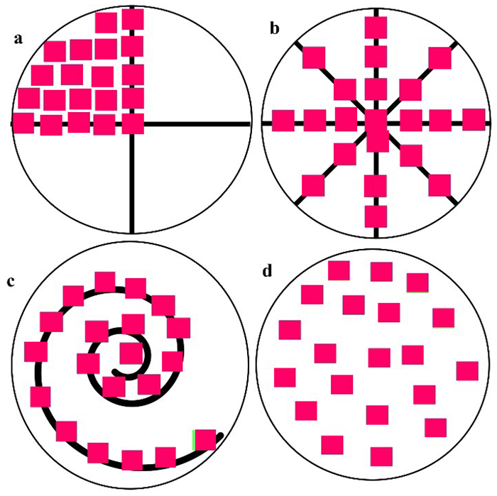 Different approaches may be used for representative measurement areas on filters; at least 20 count areas or count fields should be considered. These approaches can be employed on filters of different diameters and materials (e.g., aluminum oxide, silicon oxide, PTFE). Example a) represents a quarter of the filters; b) represents the cross-section of the four axes c) represents a helical assembly; and d) represents a randomized assembly