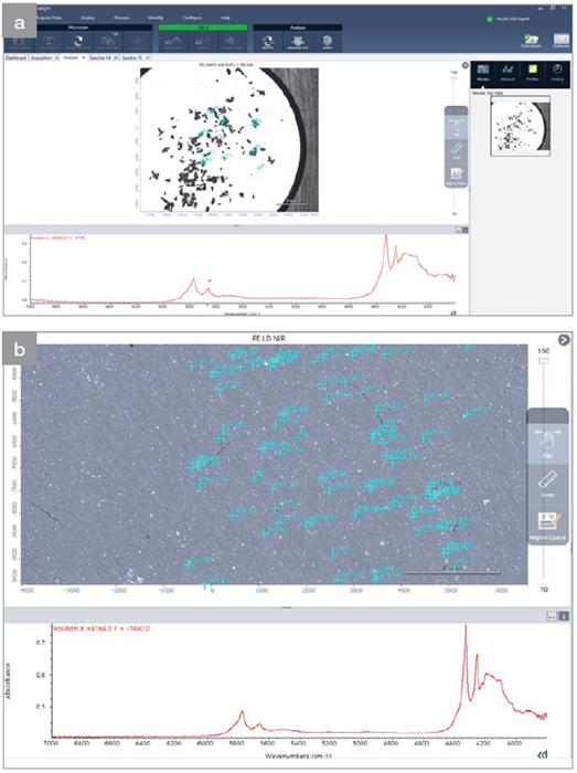 Visual mosaics with respective NIR spectra of an LDPE MP, obtained from (a) BaF2 support and (b) ANODISC support.