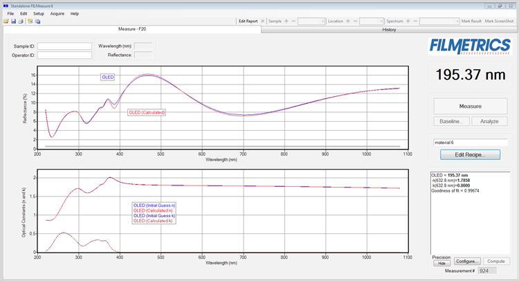 F20-UV measurement of OLED layer thickness and material properties.