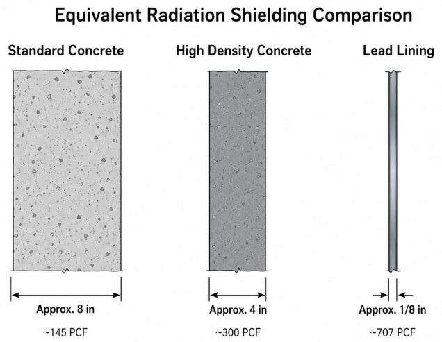 A visual comparison of wall thickness required for equivalent radiation shielding performance. Standard concrete requires approximately 8 inches, high density concrete approximately 4 inches, and lead lining approximately 1/8 inch at 707 PCF