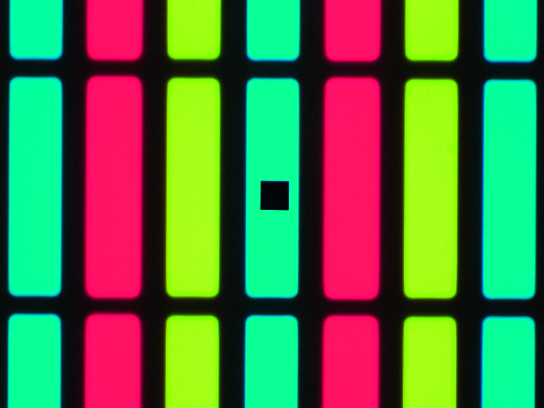 Red, yellow and green pixels sampled with a microspectrophotometer aperture size of only 10 micron2. The pixels are only 18 microns wide
