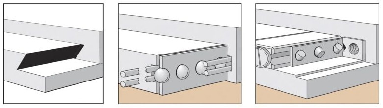 Different types of bearing mechanisms allowing for stage motion: dovetail (left), ball bearing slide(middle), and cross-roller bearing (right)
