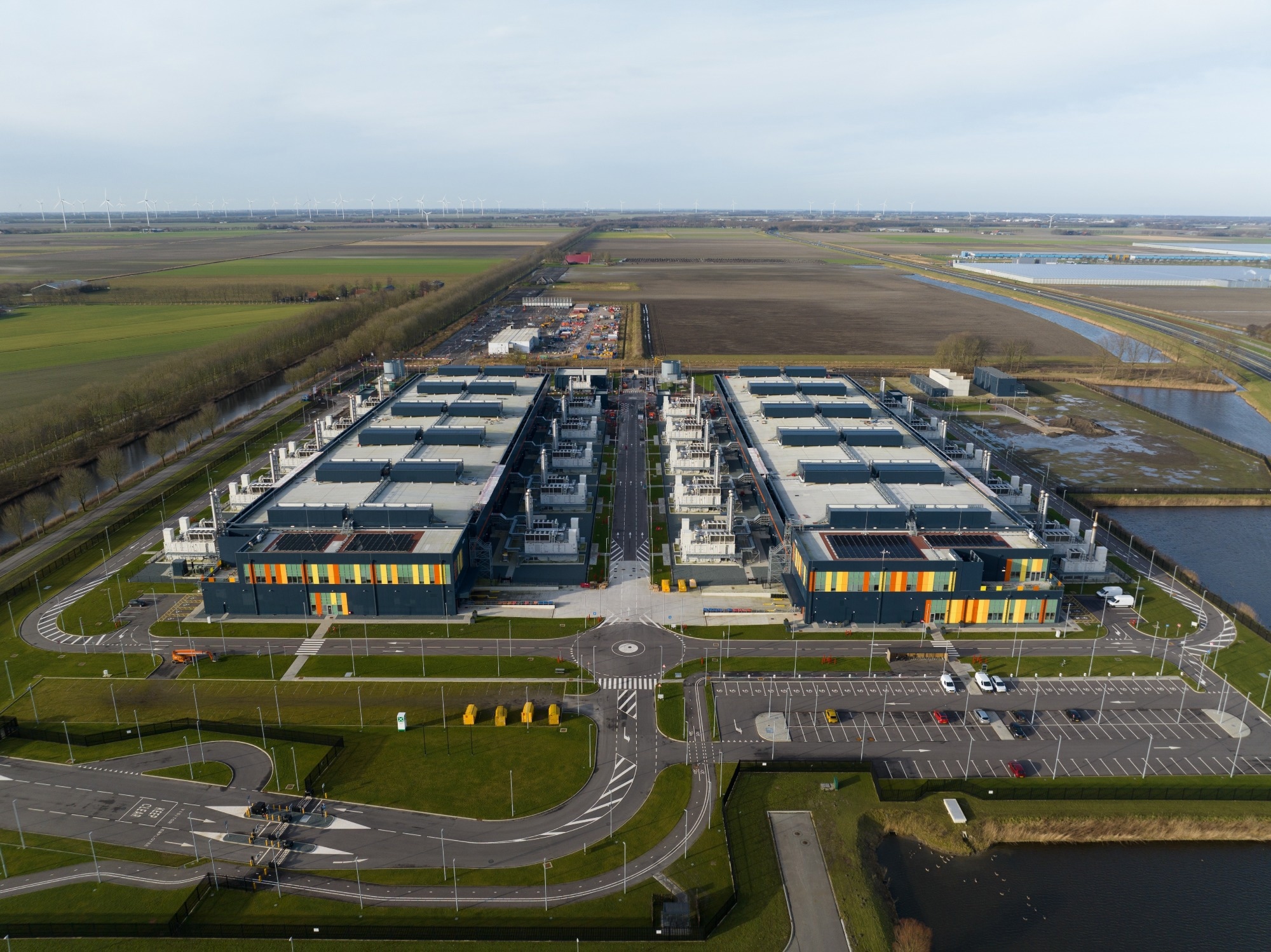 An aerial view of a data center facility