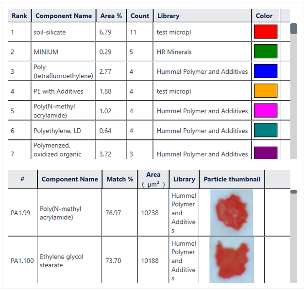 Typical particle analysis report