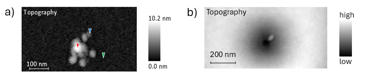 PiFM topography images show damage from e-beam analysis on wafer defects. a) Defect fragmentation due to e beam analysis. b) Complete obliteration of a defect due to e-beam analysis