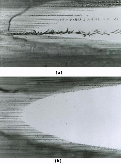 AZoJomo - The AZO Journal of Materials Online - Taper section showing ground edge of silicon wafer a) localised microcracking  b) damage free grinding.