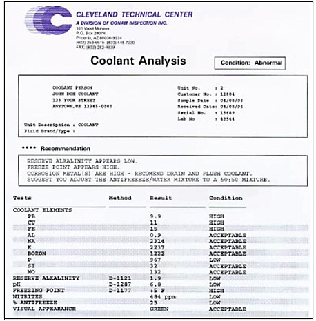 Sample coolant analysis report