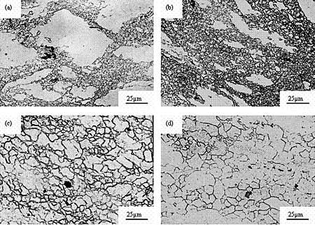 AZONANO - The AZO Journal of Materials Online - Micrographs of AZ61 alloy with strain rate 1×10-2s-1. (a) 523 K, (b) 573 K, (c) 623 K, (d) 673 K.