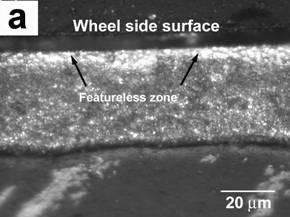 OM(a) and SEM-backscattered electrons (b) micrographs showing the morphology of the ribbon melt spun at 30 ms-1: (a) at the transverse cross-section and (b) at the chilling surface.