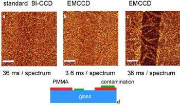 a-c: Confocal Raman images of a 7.1 nm thin PMMA layer on glass obtained in the CH2 stretching band around 3000 / cm. Scale bar: 10 µm. Fig. 1d: Schematic of the sample 30 x 50 µm, 100 x 80 pixel = 8000 spectra, 110 ms/spectrum.