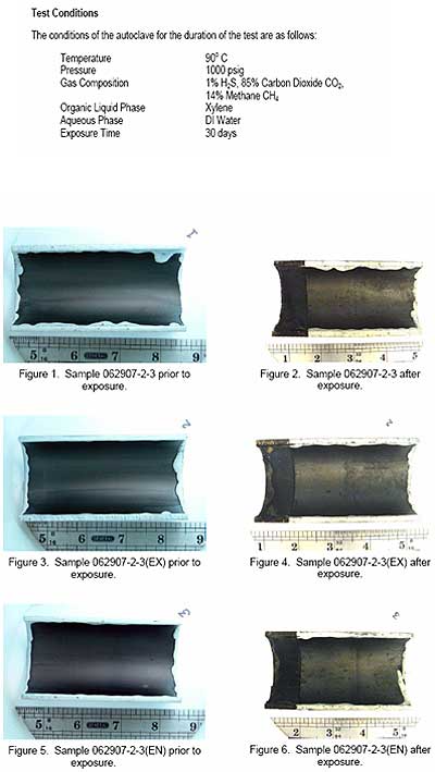 Coating before and after sour autoclave test and details of test conditions