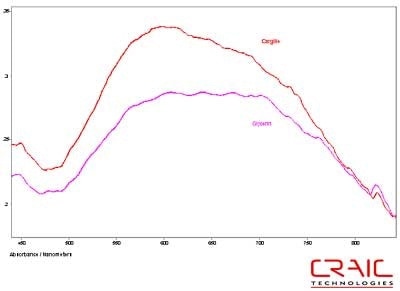 Absorbance spectra of Spinel #1 in Glycerin and Cargille 1.720
