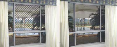 A traditional security screen on the left and the 445M2 stainless steel alternative on the right.