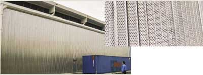 445M2 walling and an exploded view of the perforated stainless steel acoustic panel on the right.