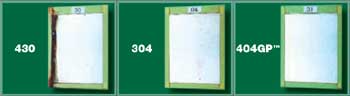 Slat spray test corrosion samples of 430, 304 and 404GP stainless steels after four months in 5% salt spray at 35ºC