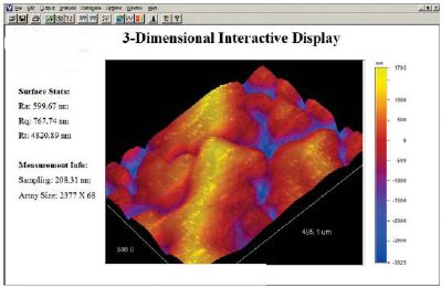 3D image generated on the Dektak of 340nm silica colloids on quartz. Note the small bumps on larger features with deep crevasses. This sample shows the diffi culty characterizing complex surfaces with 2D profi les as opposed to generating a 3D area map.