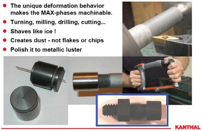 The MAX phases can he machined as easily as metals. They all can be machined using a manual hacksaw, despite the fact that some of them are three times as stiff as Ti metal and have the same density as Ti. The mechanism by which they machine, however, is not as one would scoop ice cream - i.e. by plastic deformation - but rather as one would shave ice. They can also be polished to a metallic luster because of their excellent electrical conductivities. Slide courtesy of Kanthal Corp. of Sweden who licensed the technology from Drexel University.