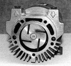 Inside of a pump. The four vanes on the rotor are made of carbon-graphite, and are consequently self lubricating, temperature resistant and impermeable to gases and liquids.
