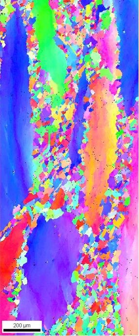 EBSD inverse pole figure map of partially recrystallized Inconel 945, a nickel base superalloy intended for pipelines exposed to corrosive environments. The small grains are recrystallized grains, and the large grains are deformed but not yet recrystallized. Grain size, texture, and boundary misorientation data can be extracted from EBSD data to help elucidate recrystallization mechanisms during hot deformation that simulates forging practices