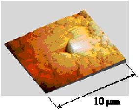 Titanium nitride film surface and residual impression with Berkovich indenter. This film is quite thick, about 5 µm.