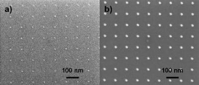 Dot exposures in HSQ. Left: 5 nm thick resist. Right: 55 nm thick resist.