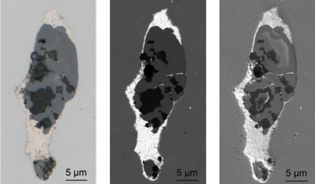 Brightfield image in LM (left) as well as BSE (center) and SE (right) images in SEM of the conspicuous mixed inclusion shown in Fig. 1. Images were acquired using the CLEM technique with the "Shuttle & Find" module. Note that the bright phase surrounding the core has a rather high density as can be deduced from the BSE image.