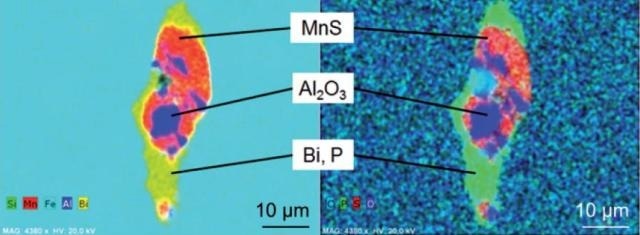 EDS mapping of the conspicuous mixed inclusion shown in Fig. 3. The core of the mixed inclusion consists of the "typical" inclusion types MnS (red) and Al2O3 (blue) whereas the surrounding bright phase contains the elements Bi (yellow) and P (green).