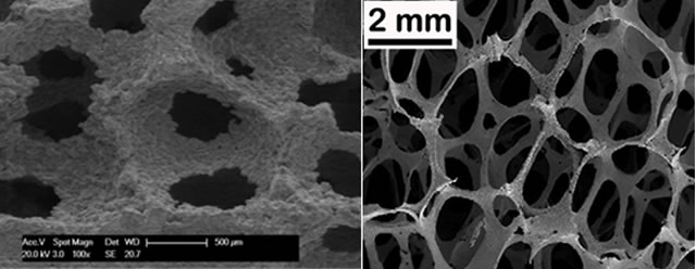 Examples of porous (open cell) metal structures made by replication processes using (left) NaCl beads as porogens in Al and (right) a polymer foam template coated in stainless steel