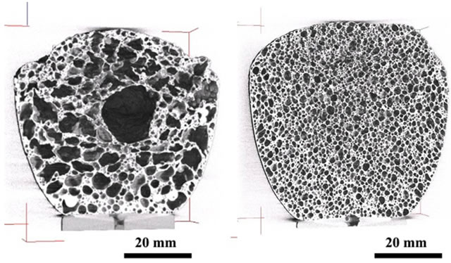 Cross sections of two aluminium foams with contrasting closed pore structures (left) showing coarse and irregular pores and (right) showing fine and spherical pores