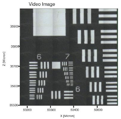 Pattern of metal strips on glass. The upper a) image is a video image of the sample. The video image covers a sample area of about 400 x 500μm. This sample area has been measured in the reflectance mode with a pixel resolution of 1,1 μm using the FT-IR imaging system Bruker HYPERION 3000 equipped with a FPA detector (64 x 64 detector elements) and a 36x objective (NA=0.5). In b the IR image at 1650cm -1 (≅ 6 μm wavelength) is shown, in c the IR image at 3200cm-1 (≅ 3 μm wavelength), respectively.