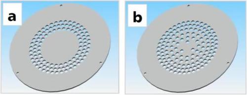 Two gas transmission plates. (a) Transmission plate 1 is optimised to deposit SiO2. (b) Transmission plate 2 is optimised to deposit SiNx