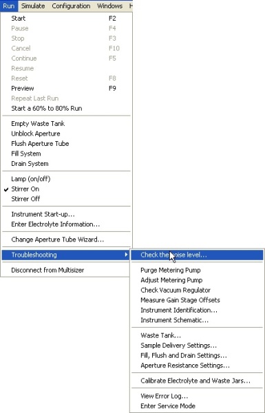 Screenshot of the “Check the noise level” command under Run/Troubleshooting Menu.