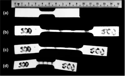 SME in PTFE. (a) Original shape; (b) after stretching at room temperature; (c) after heating to 100oC; (d) after heating to 300oC.