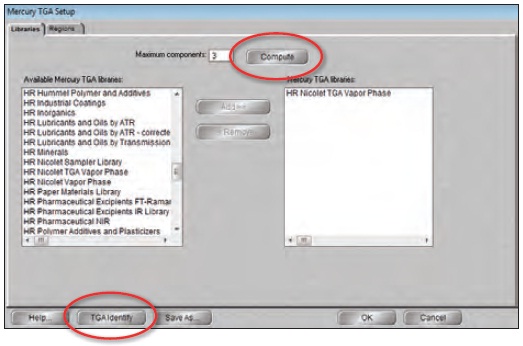Set up screen for Mercury TGA. All that is required is for the user to select the library and the number of components. Pressing the “Compute”button initiates the estimation routine for number of components.